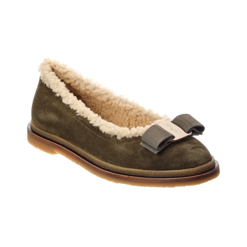 Ferragamo Varina Suede & Shearling Ballerina Flat, Green